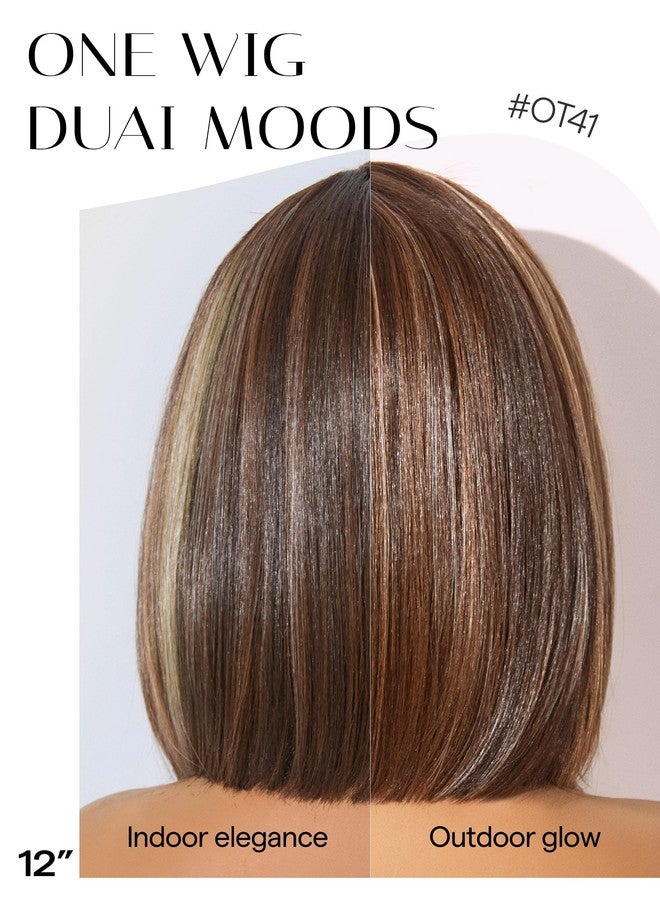 GORGIUS Brown Highlight Bob Lace Front Wig Glueless Straight Short Wigs Upgrade with Human-Hair-Like Sythetic Hair Pre Cut Pre Plucked Side Part Hairline 12 Inch - Image 5